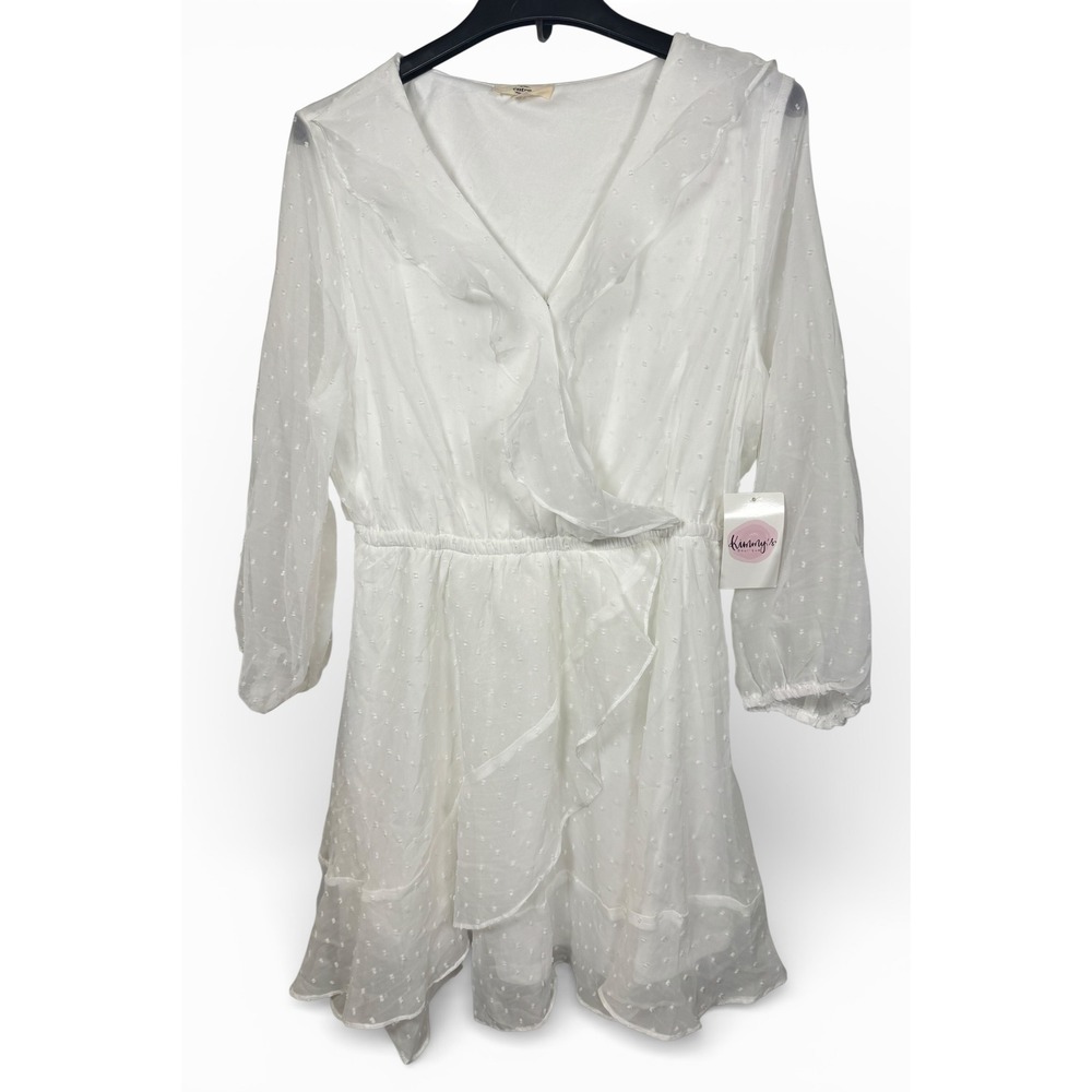 Entro White Swiss Dot Haley Dress Ruffle Wrap V-Neck Mini L New With Tags
